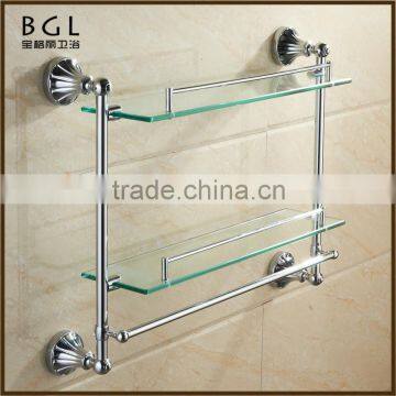 11102 hot sale zinc alloy chrome bathroom accessories double glass shelf