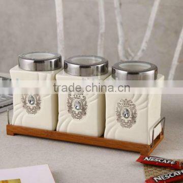 Ceramic Canister Set With Stainless Lid & Wooden Stand photo-2