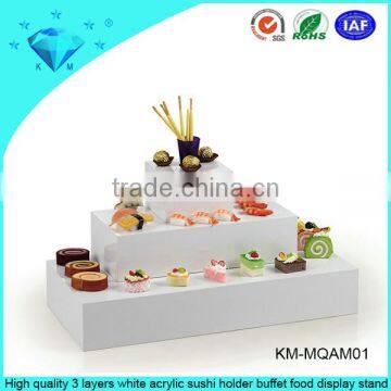High quality 3 layers white acrylic sushi holder buffet food display stand