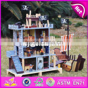 2017 new design boys pretend play wooden pirate doll house with pirate boat W06A162