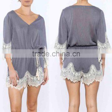 blank bodysuit v-neckline Three-quarter length sleeves LACE TRIM rompers jumpsuits women 2017