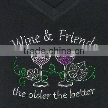 Women's Wine & Friends Rhinestone Bling V-Neck Short Sleeve Shirts Black photo-4