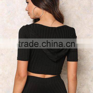 MGOO High Quality Black Ribbed Hood Tops Sleeveless Cropped Tops And Legging For Running Tracksuits Plain Basic photo-6