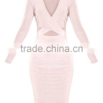 Top Quality Open Back Off Shoulder Criss-Cross Bandage Plain Color Evening Dress With V Neck photo-6
