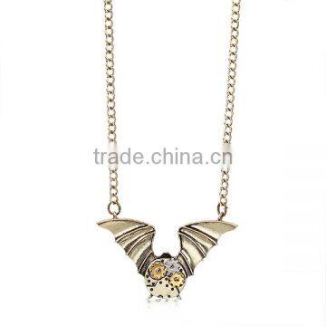 New Fashion Steampunk Necklace Halloween Bat Link Curb Chain Antique Bronze With Gear 63.0cm long