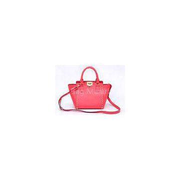 Red Studded Ladies Leather Handbags Trapeze Bag With Zipper / Pocket