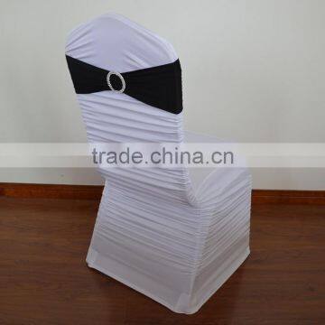 White pleated spandex chair cover with black spandex sash for sale