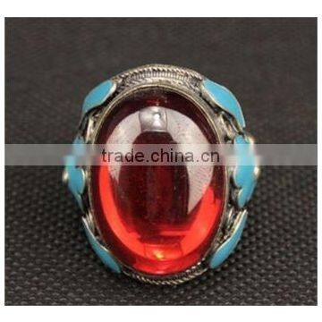 Miao Silver Ring Carved Mosaic Artificial Red Zircon Ring photo-3