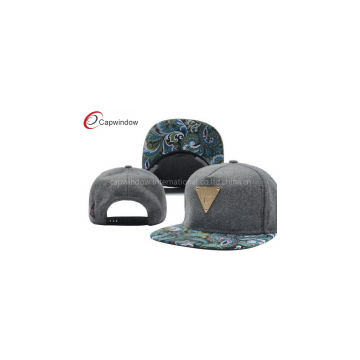 Gold Metal Logo Grey Wool Baseball Caps With Paisley Printed Peak