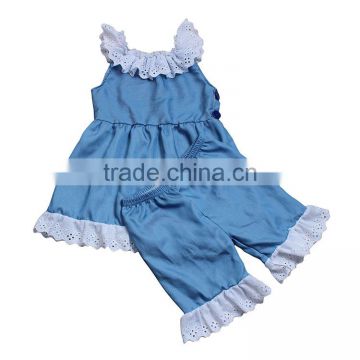 Wholesale cheap summer baby girls denim blue 2pcs boutique outfits lace layered shorts dress clothing set factory kids clothes