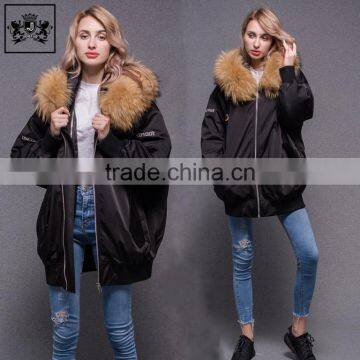 New Style Heavy Fur Coat Embroidered Bomber Jacket with Raccoon Fur Collar