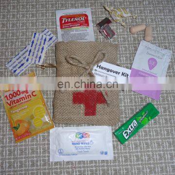 Adorable burlap hangover kit bag in packaging bag or emergency kit bag