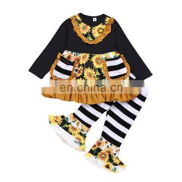 black and white stripe printing with sunflower pattern top matching a bell bottom 2pcs Baby Girl suit