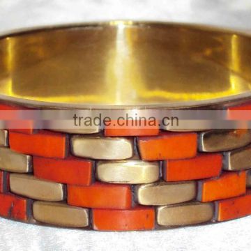 Orange Color Bone Chips With Brass Frame Designer Bangle For Women , Women Fancy Bangle 11830