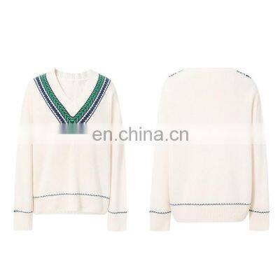 Women Casual V Neck Fashion Design Jacquard Knit Loose Cashmere Sweater photo-4