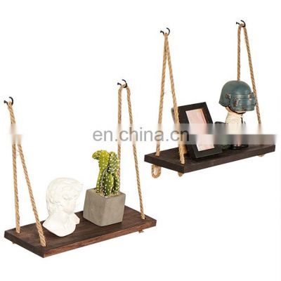 Hanging Shelves Wood Floating Shelf with Swing Rope Rustic Plant Display Storage Hanger