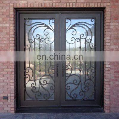 High Quality Villa Security Front Design Exterior Metal Frame Tempered Aquatex Glass French Wrought Iron Entrance Double Door photo-2