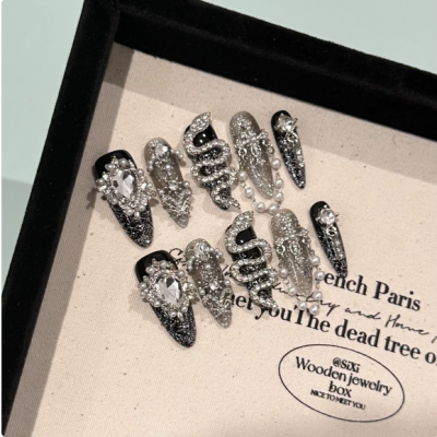 High-End Press-On Almond Nails Heavy Diamond Decoration Dark Bow Black Red Color Matching for Finger