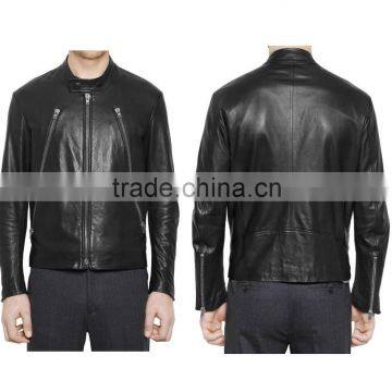 MEN LEATHER JACKET WITH SNAP BUTTON COLLAR CLOSURE