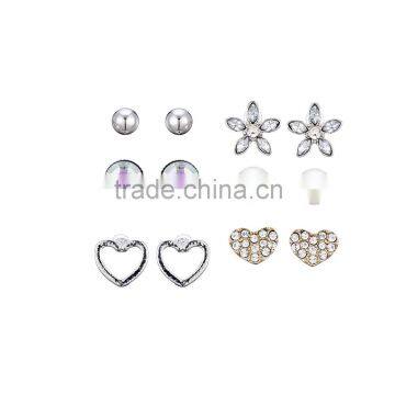 Dimante Cut Out Heart Shape Pearl Flower Rhinestone Multi Earring Pack