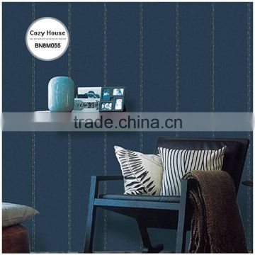 economic printing pvc coated wallpaper, vivid blue simple vertical stripe wall decor for restroom , removable wall decor roll