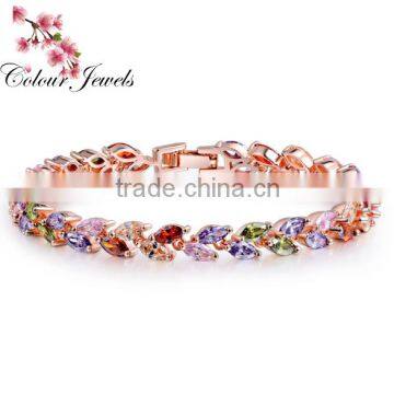 18K Rose Gold Plated Marquise-cut AAA Multicolour Cubic Zircon Bracelet Bangle European Vintage Charm Bracelet