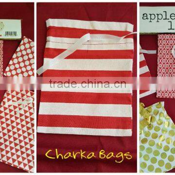 Red Stripes Printed Bag with Ribbon Drawstring