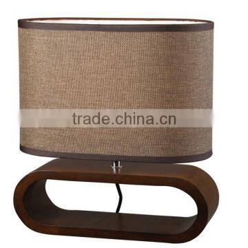 North European Style Vintage wooden base table lamp, Brown linen lamp shade, oval brown wood base