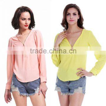 Womens Long Sleeve V Neck Zipper Sexy Chiffon Pullover T-shirt Blouse OEM ODM Type Clothing Factory Manufacturer From Guangzhou