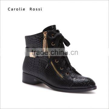 Custom fashion girl pu leather handmade snake pattern boots with gold zipper