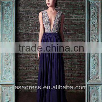 2014 New Fashion Chiffon Deep V-Neck Sheath Gown Royal Blue Evening Dress (EVRK-1018)