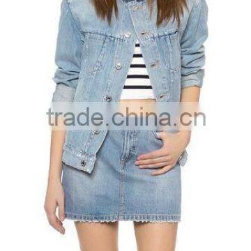 destroyed collarless denim jacket for lady