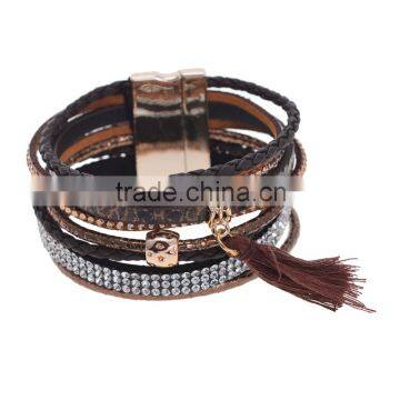 New Tassel Crystal Leather Bangle Fashion Rhinestone Wrap Leather Bracelet Multilayer bangles