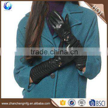 Fashion new style ladies wool lined long black sheepskin leather gloves