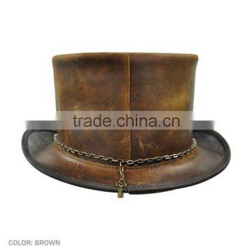 2 TONES PULL-UP CRAZY HORSE COWHIDE LEATHER "STEAMPUNK" TOP HAT photo-3