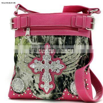 Camo printed concealed weapon hot pink rhinestone cross studded western cowgirl messenger bags