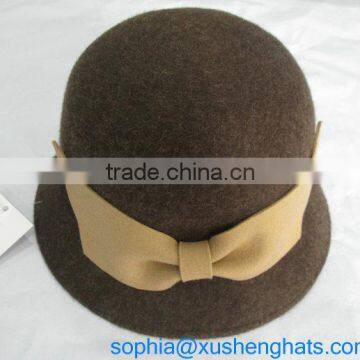 100% wool felt ladies brown bow bucket cloche winter casual hat