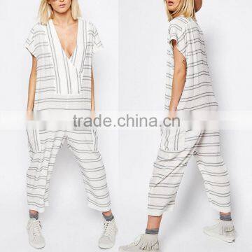 Trade Assurance Onling Shopping Plunge Neck Sexy 2016 New Striped Jumpsuit for Ladies