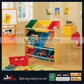 natural finish 4 tier with 12 PP bins wooden toy box