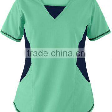 custom made women sporty comfort fitted v-neck scrub tops with Stretch side Panels fashion Soft contrast Scrubs tops