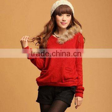 OEM ladies fashion long sleeve knitting woman sweater with fur