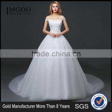 MGOO Stock Off Shoulder Flower Emboridery Beaded Back Straps Crossover Wedding Dress Bride Princess Dress