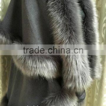 Fur Story Natural Cashmere Shawl with Fox Fur Collar Hight Quality Winter Outwear Poncho Multiple Colors