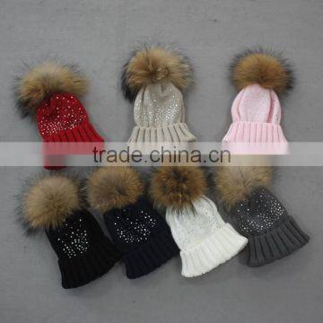 Myfur Baby Pink High Quality Wool Acrylic Knitting Hat and Cap With Raccoon Fur Ball Wholesale photo-6