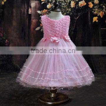 Classic sleeveless pink flower baby girls party wear fancy net dress cutting