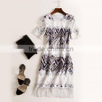 2017 New Design Factory Customized Summer Womens High Grade Slim Elegant Round Collar Tassels Short Sleeve Sexy Party Dresses photo-5