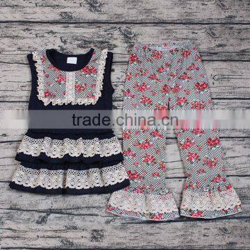 Zhihao Summer Flower Girls 2pcs Boutique Outfits Wholesale Children Clothing Set Ruffle Top Match Pants Set Clothes Store Online