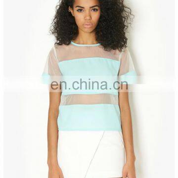 2016 Lady's Fashion Top with Mesh Contrast