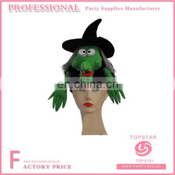 Green withes weared a black hat shaped halloween plush fabric hat for children