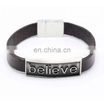 Fashion leather jewelry bracelet with magnetic metal letters belief clasp